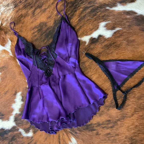 vintage satin Shirley Of Hollywood Sheer Mesh Lace Up Tie Bust W/ Thong Size S - Picture 4 of 9